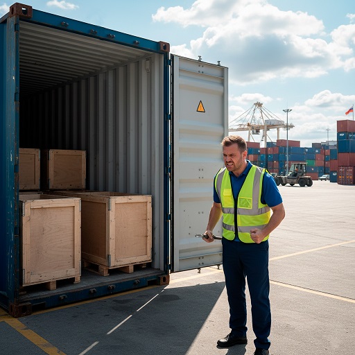 Operador con puertas abiertas de contenedor.